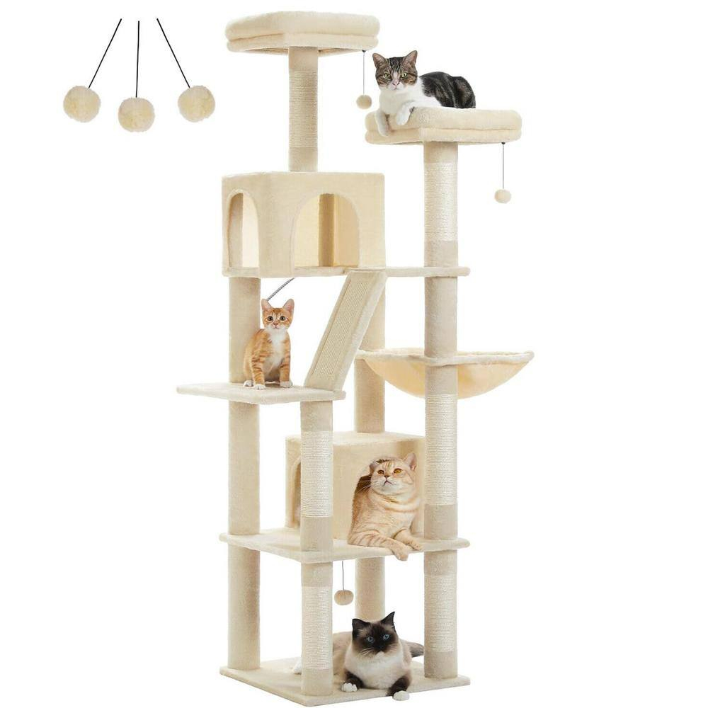 Tall Cat Tree 70.9", Large Cat Tower for Indoor Cats, Multi-Level Plush Cat Condo with 6 Scratching Posts, 2 Scratching Boards, 2 Perches, 2 Caves, Hammock, 2 Pompoms, Beige