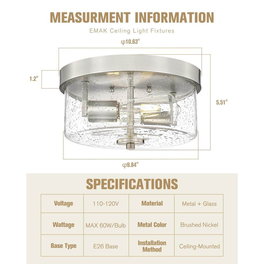 Emak 2-Light Brushed Nickel Ceiling Light Fixture, 11 Inch Flush Mount Light Fixture with Seeded Glass Shade for Bedroom, Living Room, Kitchen, Hallway, Bathroom, FM082-BN