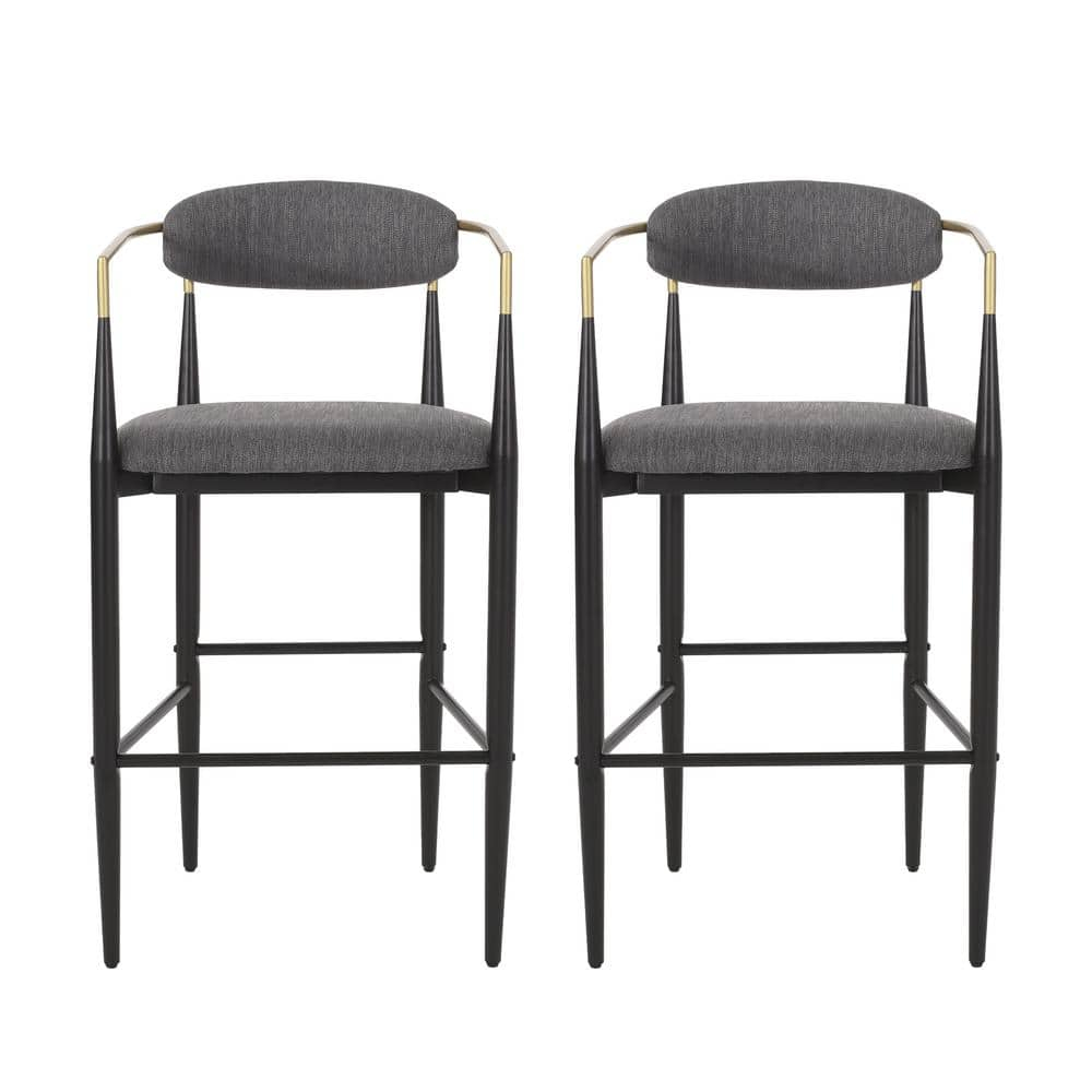 Noble House Boise Indoor Fabric and Metal 30 inch Barstools, Set of 2, Charcoal, Black, and Gold.