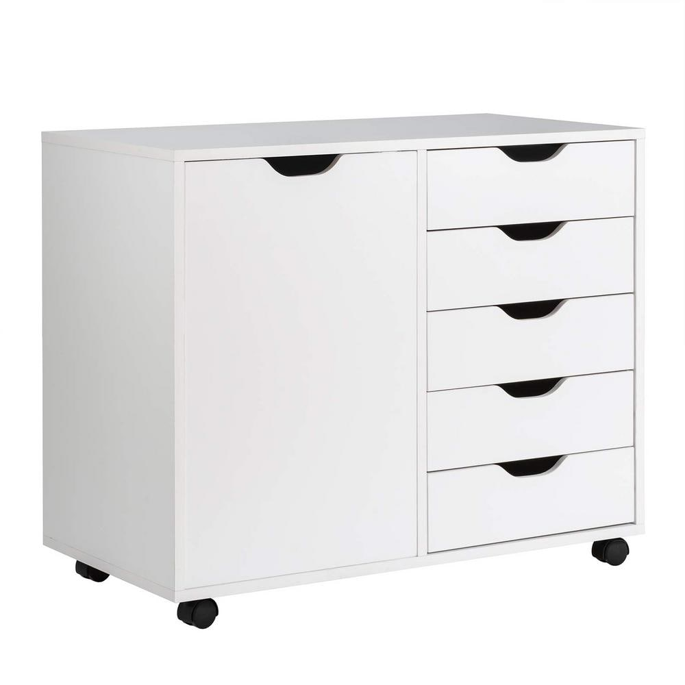 5-Drawer Chest with 1 Door, Wooden Chest of Drawers Storage Dresser Cabinet with Wheels, Office Organization and Storage, Bedroom Furniture (White-S)