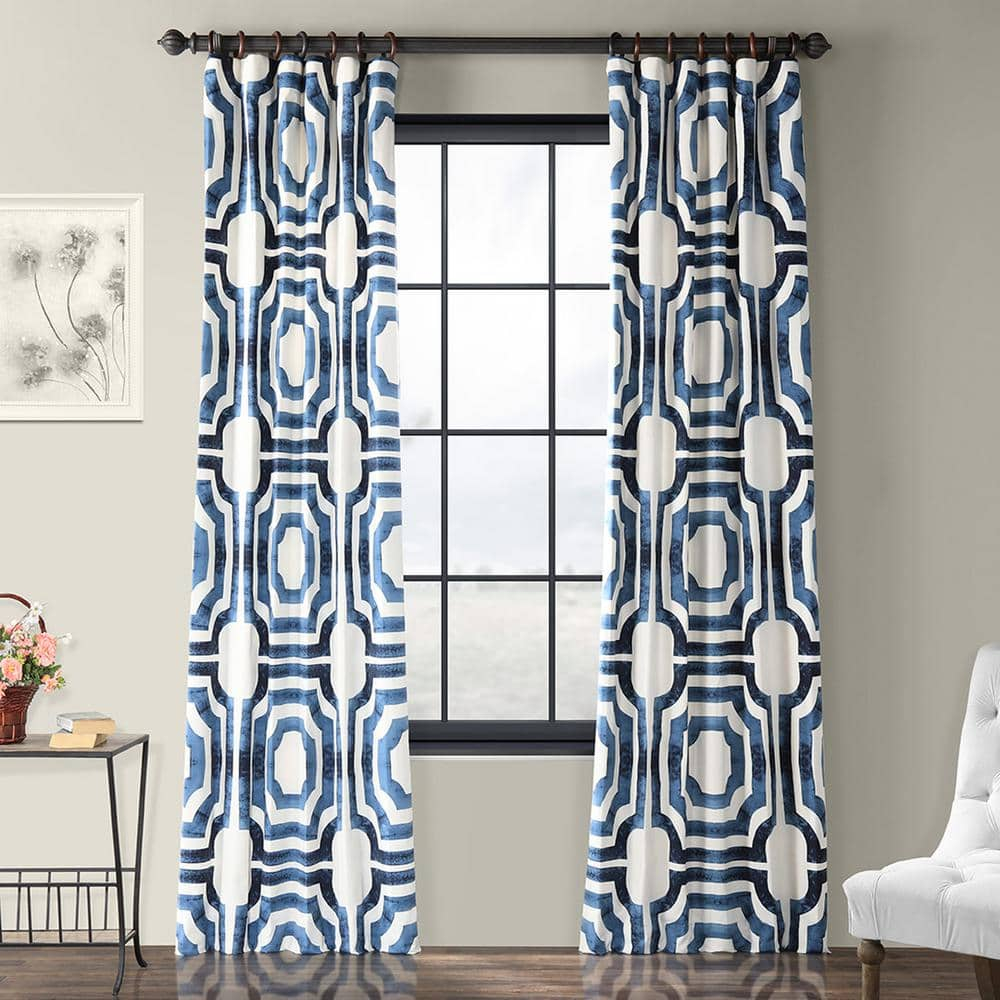 Mecca Blue Printed Cotton Curtain (1 Panel), Mecca Blue, 50W X 120L
