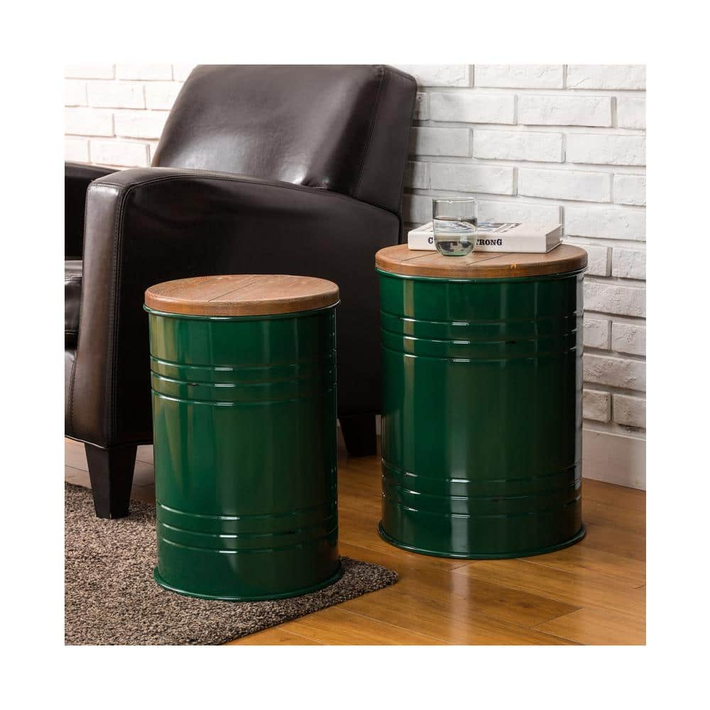 Glitzhome Rustic End Table Set of 2, Farmhouse Galvanized Metal Barrel Ottoman Storage Stool with Round Wood Lid for Living Room Furniture, Hunter Green