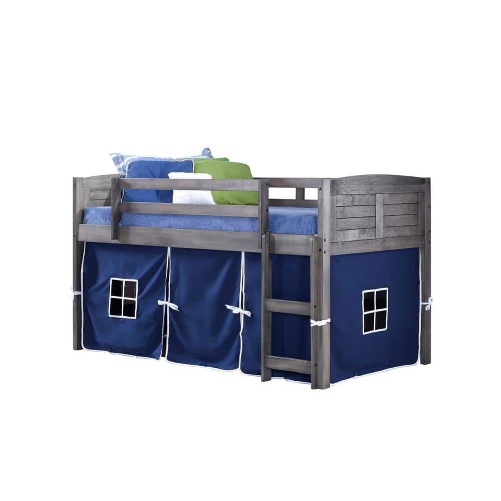 Donco Kids Louver Twin Antique Grey Low Loft Bed with Blue Tent, Twin, Antique Grey