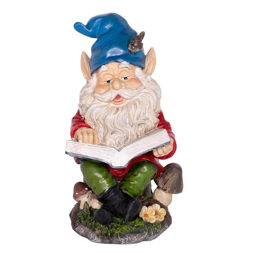 Alpine Corporation 14" Tall Outdoor Garden Gnome Reading a Book Yard Statue Decoration