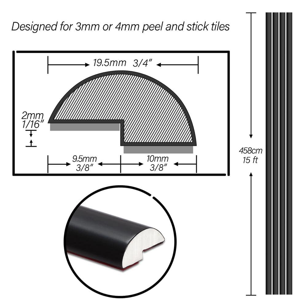The Tiles Plaza Peel and Stick Tile Edge Trim for Backsplash Tile 15 Feet Self Adhesive PVC Trim Molding Decorative Trim, Matte Black