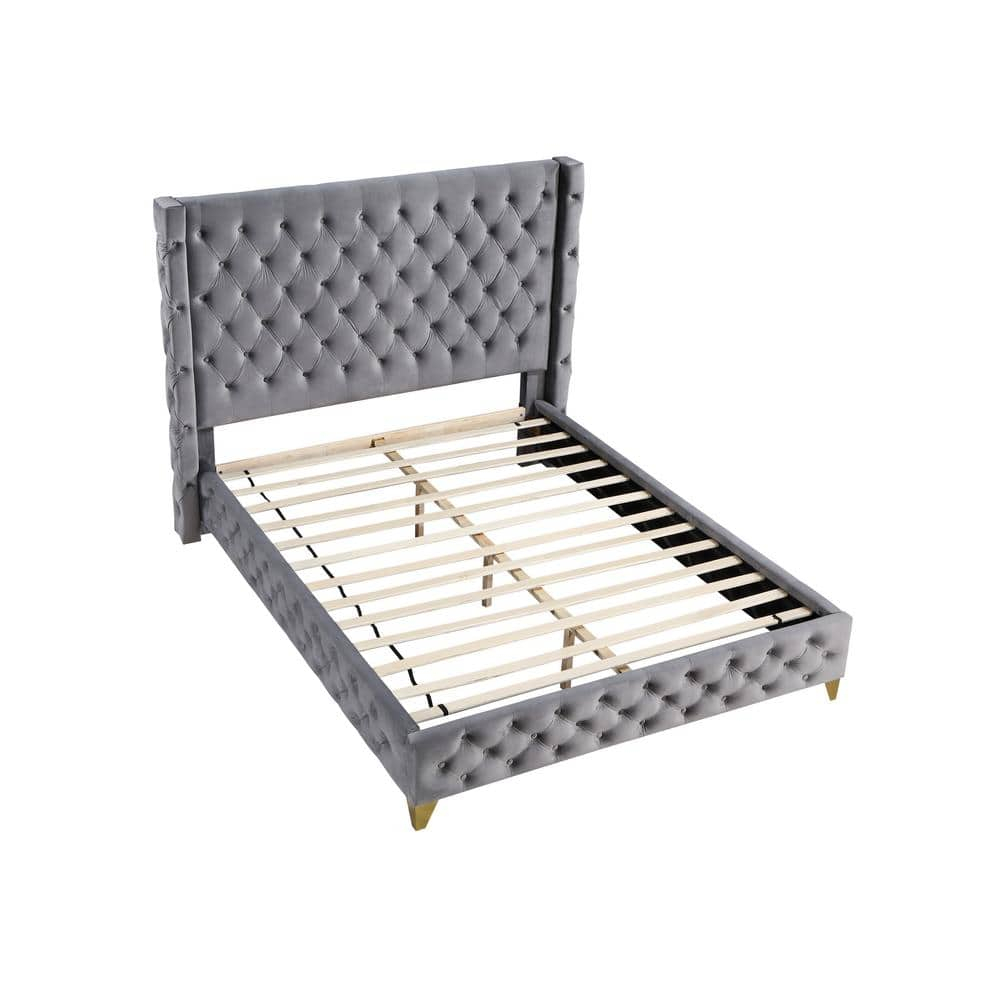 Best Master Wood Frame King Platform Bed with Tufted Velvet Upholstery in Gray