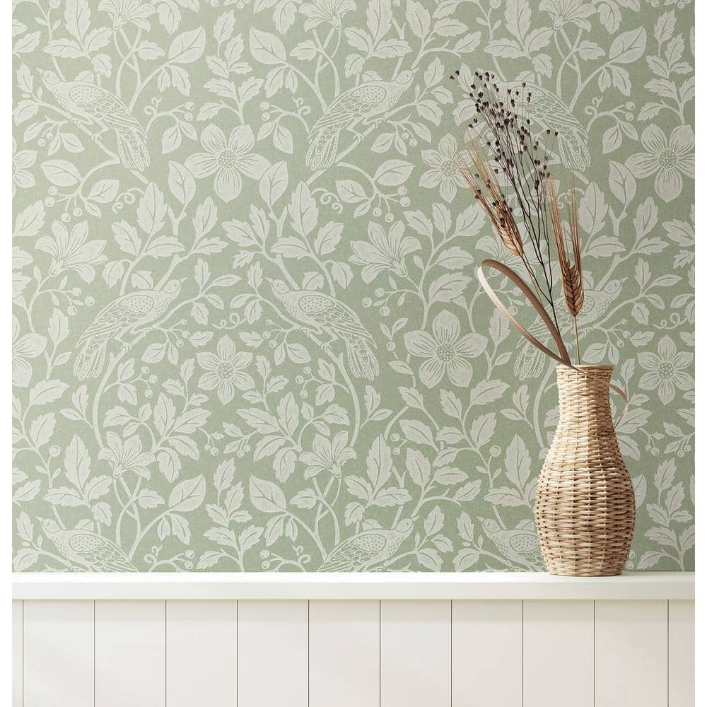 Green and White Non-Woven Botanical Bird Vine Wallpaper