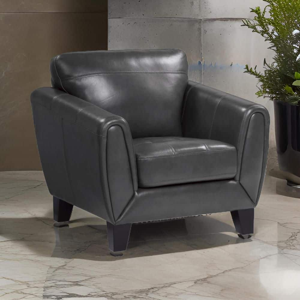 Benjara Sofy 37 Inch Accent Chair, Dark Gray Top Grain and Faux Leather, Solid Wood