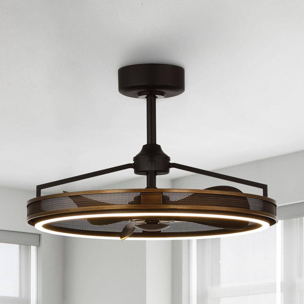 27-inch Industrial Bronze Mesh Caged Bladeless Ceiling Fan with LED Light and Remote