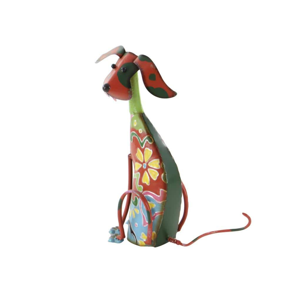 DecMode Eclectic Metal Indoor/Outdoor Multi Colored Dog Sculpture with Floral Design, 12"W x 17"H