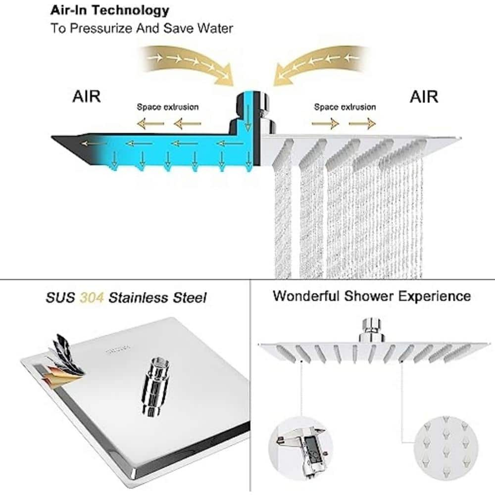 Rain Shower head, NearMoon High Flow Stainless Steel Square Rainfall ShowerHead, High Pressure Design, Awesome Shower Experience Even At Low Water Flow (10 Inch, Chrome Finish)