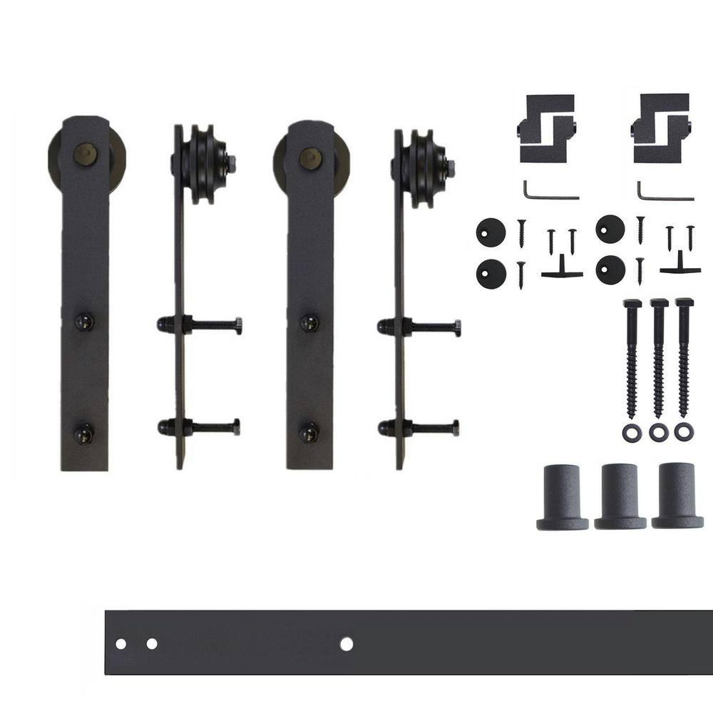 Homacer Black Rustic Sliding Barn Door Hardware Kit, for Two/Double Doors, 4ft Long Flat Track, Straight Design Roller, Heavy Duty, for Interior & Exterior Use