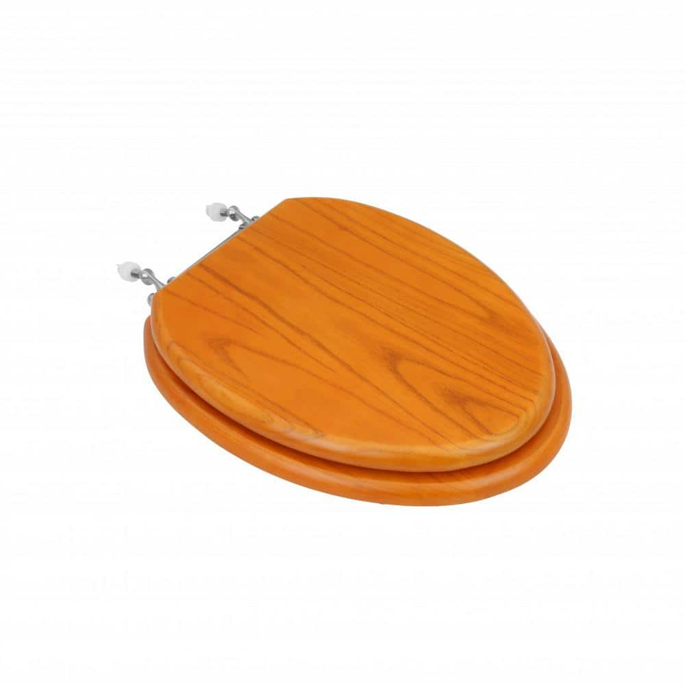 Golden Oak Elongated Wooden Toilet Seat with Chrome Hinges