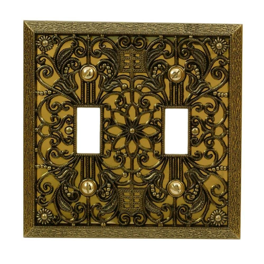Amerelle 65TTAB Filigree Wallplate, 2 Toggle, Antique Brass