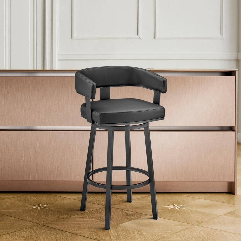 Armen Living Lorin30" Bar Height Swivel Bar Stool in Black Finish and Black Faux Leather