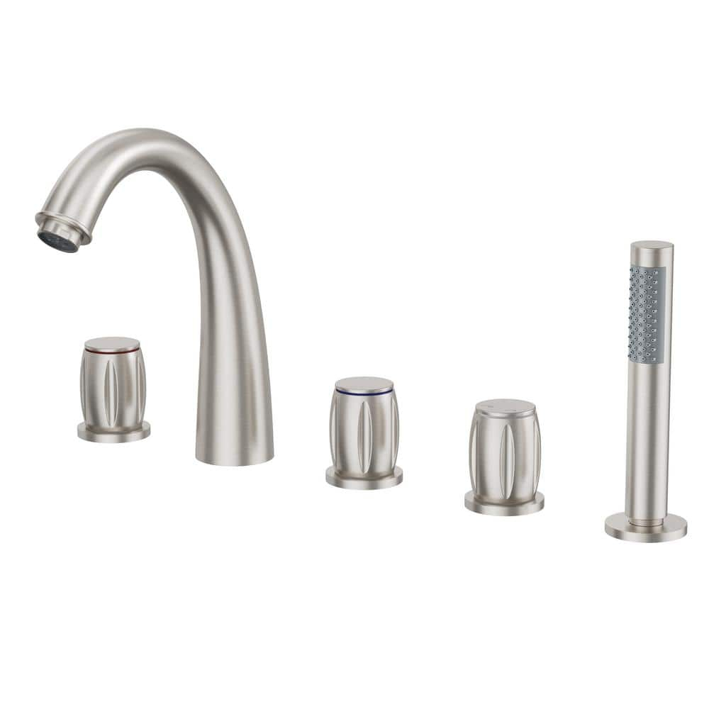 Brushed Nickel 3-Handle Deck Mount Roman Tub Faucet with Hand Shower