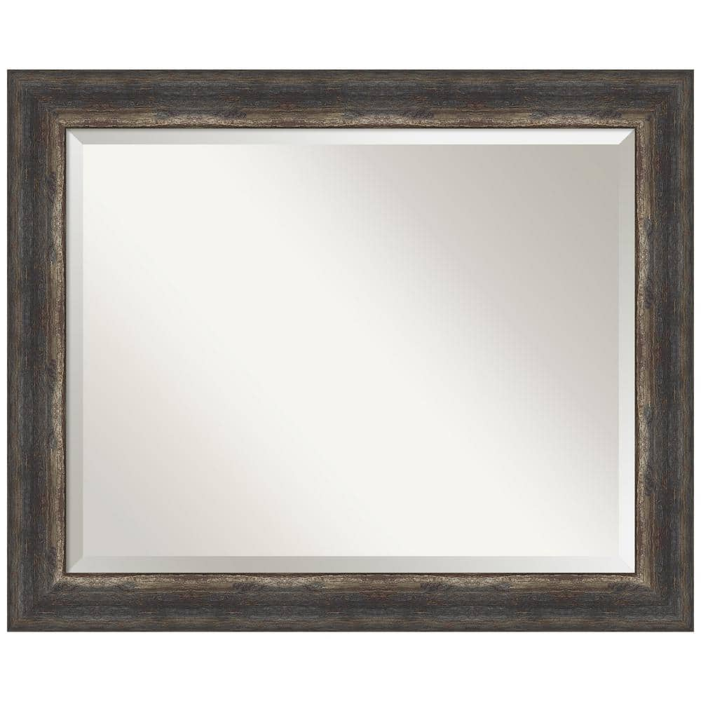 Amanti Art Beveled Bathroom Wall Mirror - Bark Rustic Char Frame Bark Rustic Char Outer Size: 33 x 27 in Silver, Brown, Black