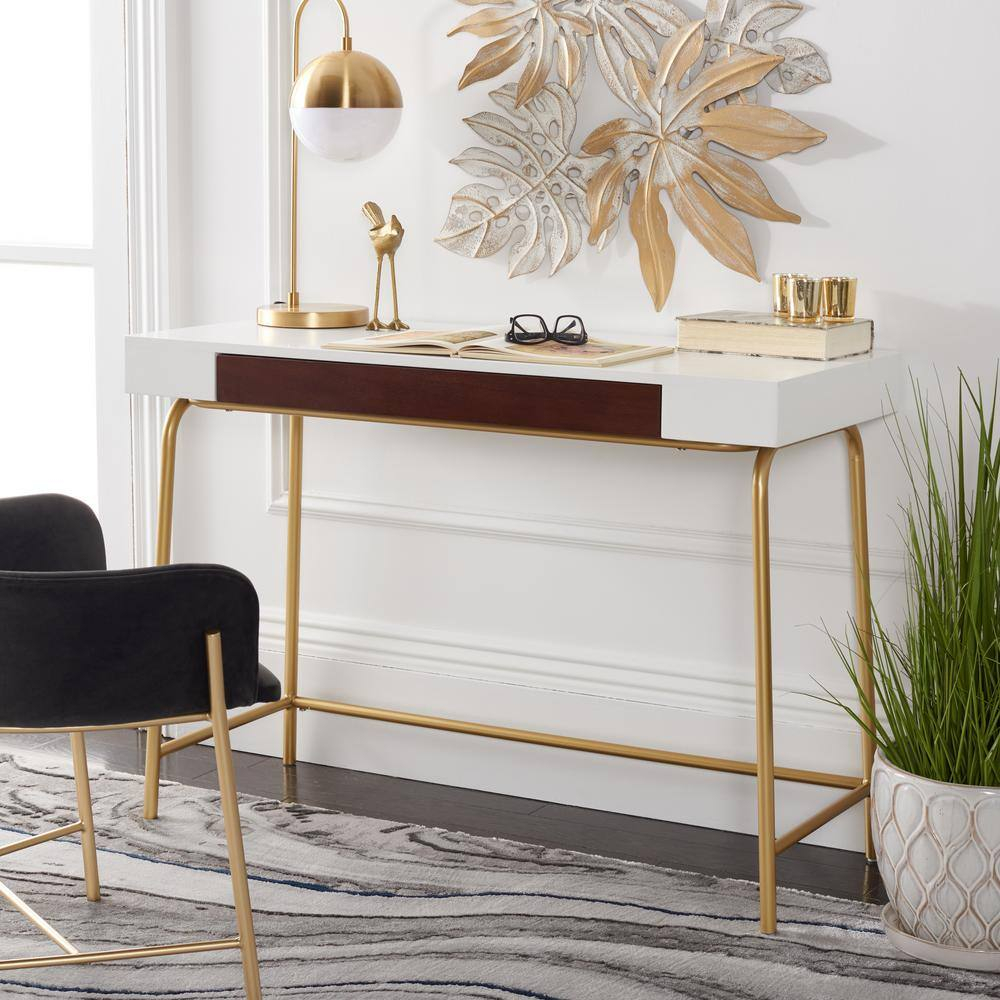 SAFAVIEH Nola Wood 1-Drawer Writing Desk, White/Brown/Gold