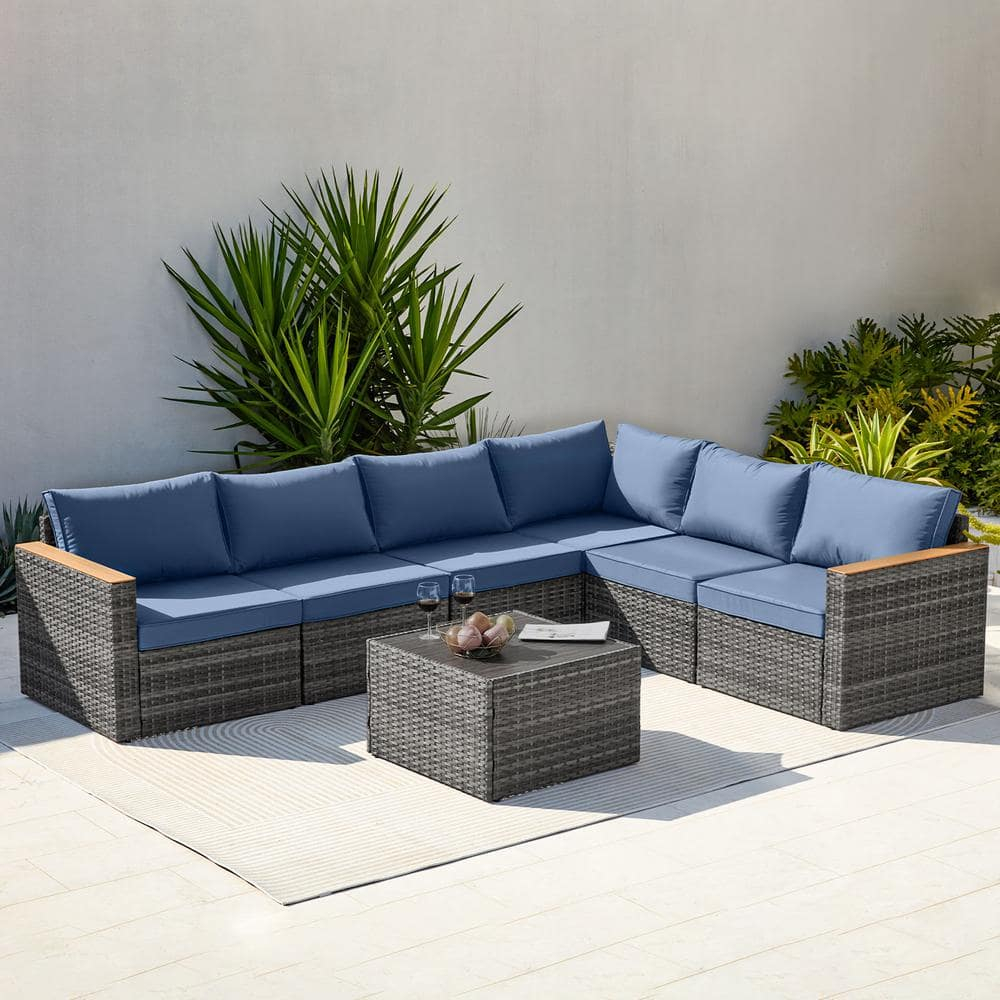 Decksplore 7 Piece Outdoor Furniture Set, 7 Pieces Outdoor Rattan Sectional Sofa Set with Glass Table and Cushions, Wicker Patio Conversation Set for Outdoor Indoor Backyard Lawn Garden Porch Blue