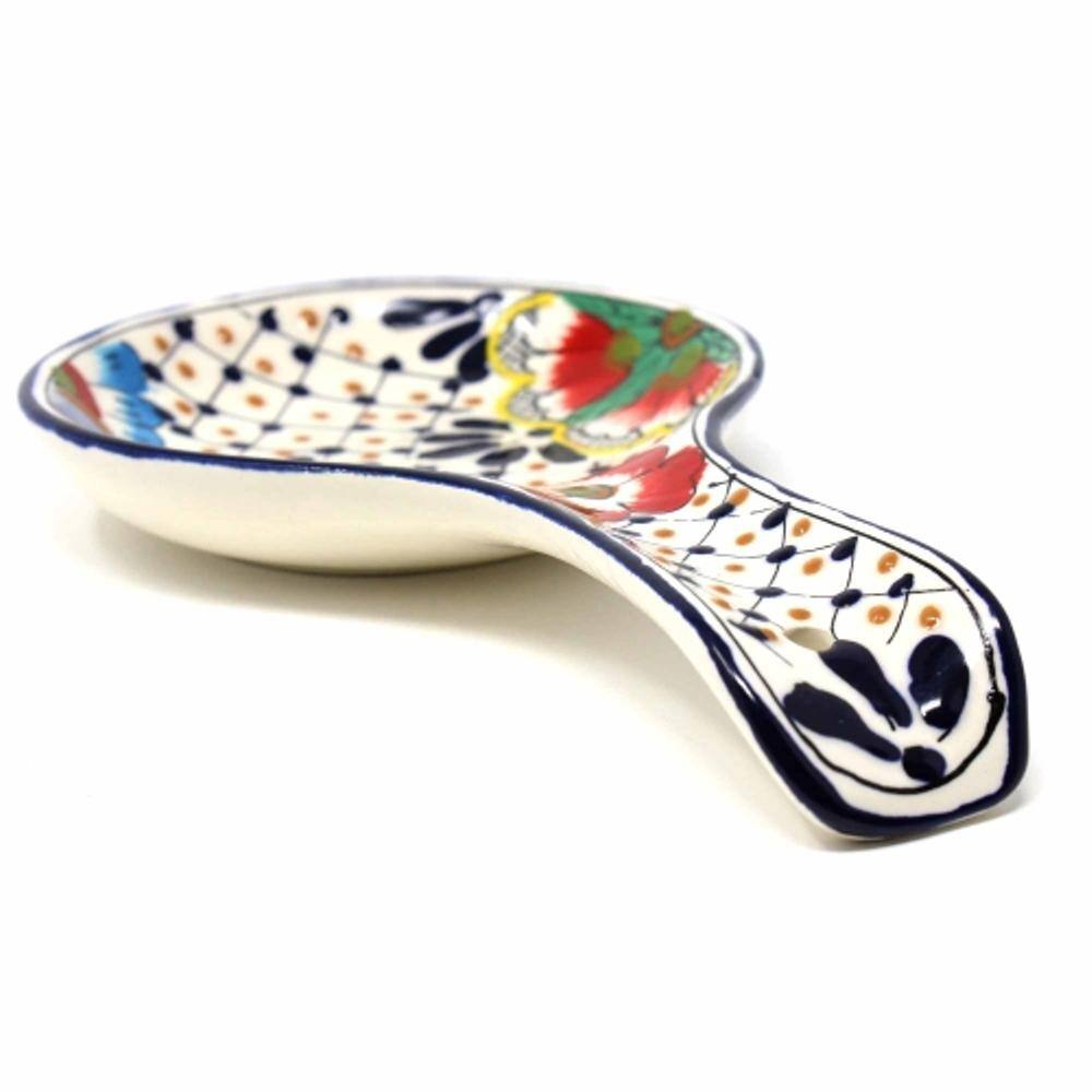 Encantada MC125D Handmade Pottery Spoon Rest, Dots & Flowers