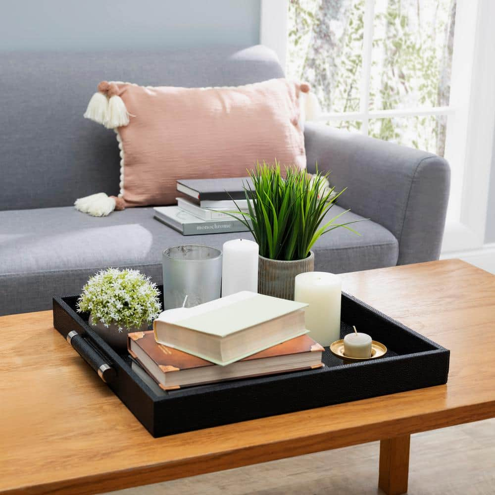 Decorative Serving Tray-Black Shagreen Square with Stainless Steel Silver Handles 18.11 X 18.11 X 1.96" Polyurethane