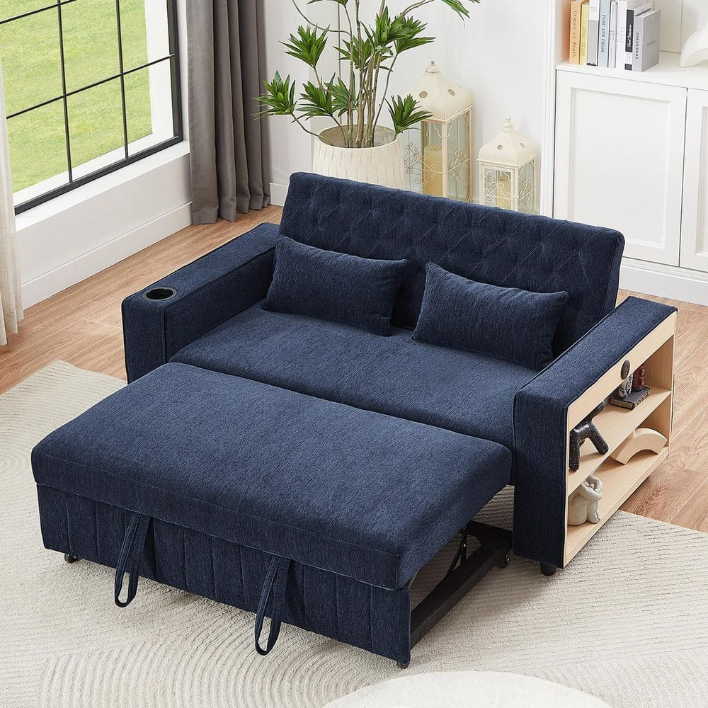 Blue Chenille Tufted Twin Sleeper Sofa with Cup Holder