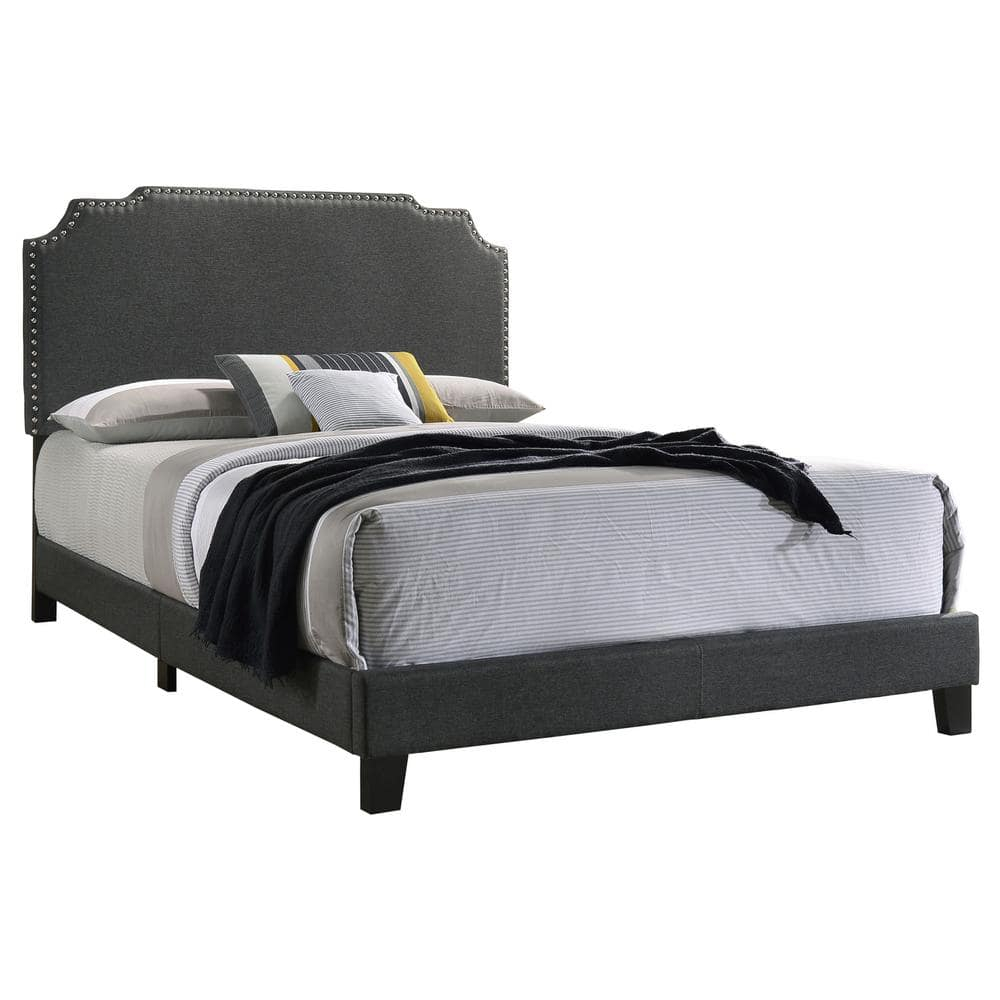 Gray Upholstered Queen Bed with Nailhead Trim and Wood Frame