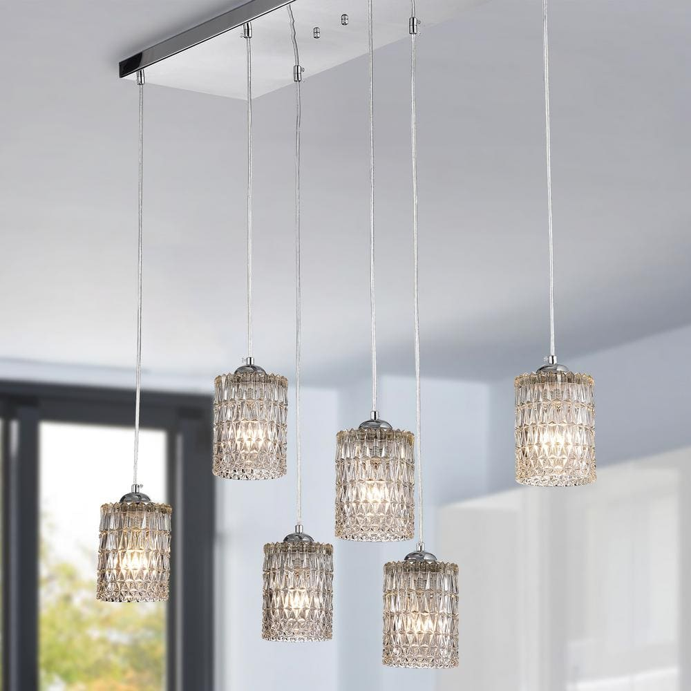 Aldubon Chrome 6-Light Chandelier with Diamond Crystal Shades (Adjustable Height)