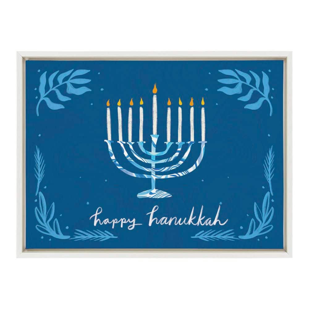 Kate and Laurel Sylvie Happy Hanukkah Framed Canvas Wall Art by Jessi Raulet of Ettavee, 18x24 White, Jewish Hanukkah Illustration Art for Wall