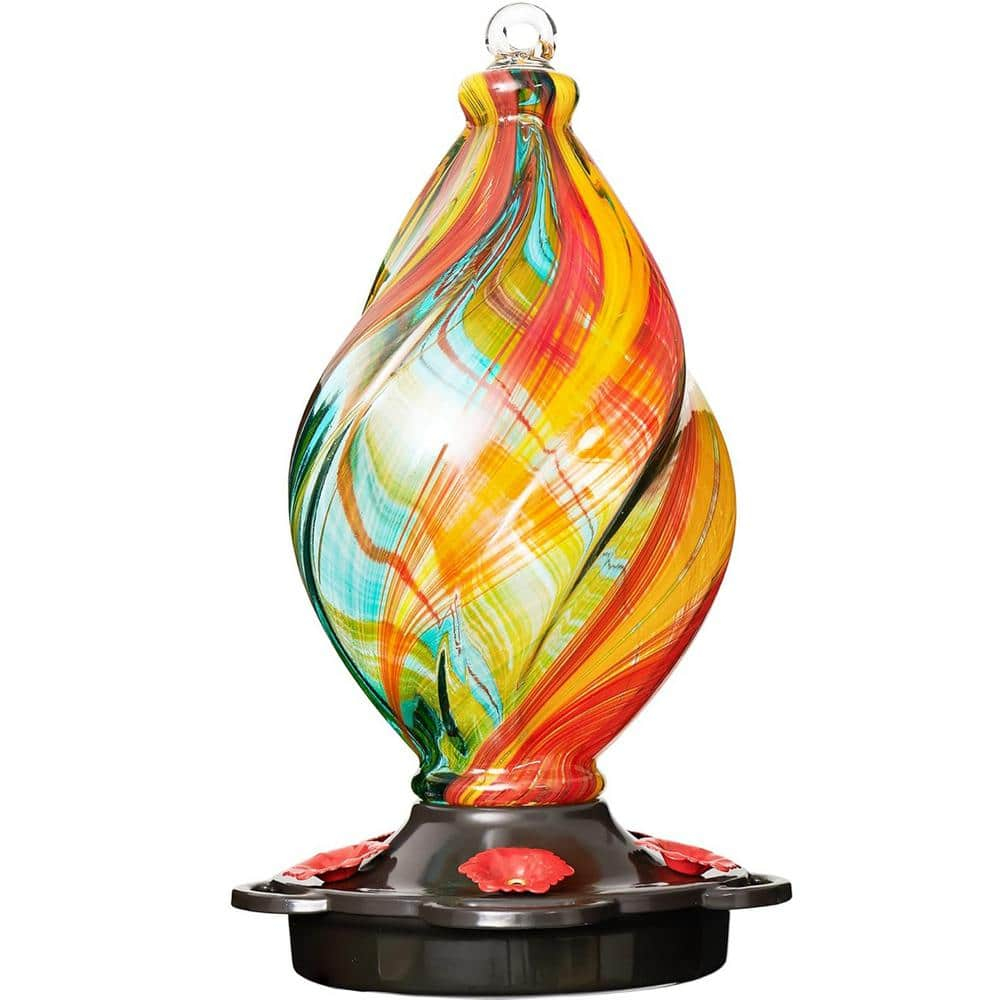 LUJII Spiral Shaped Hand Blown Glass Hummingbird Feeder with Ant Moat for Outdoors Hanging, 28 fl.oz, Leak Proof & Rustproof (Ribbon)