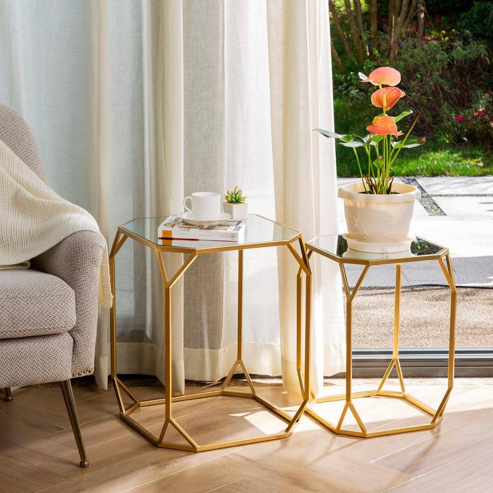Glitzhome  Set of 2 Glam Glass Modern Side Table Sofa Table Octagon-Gold Octagon