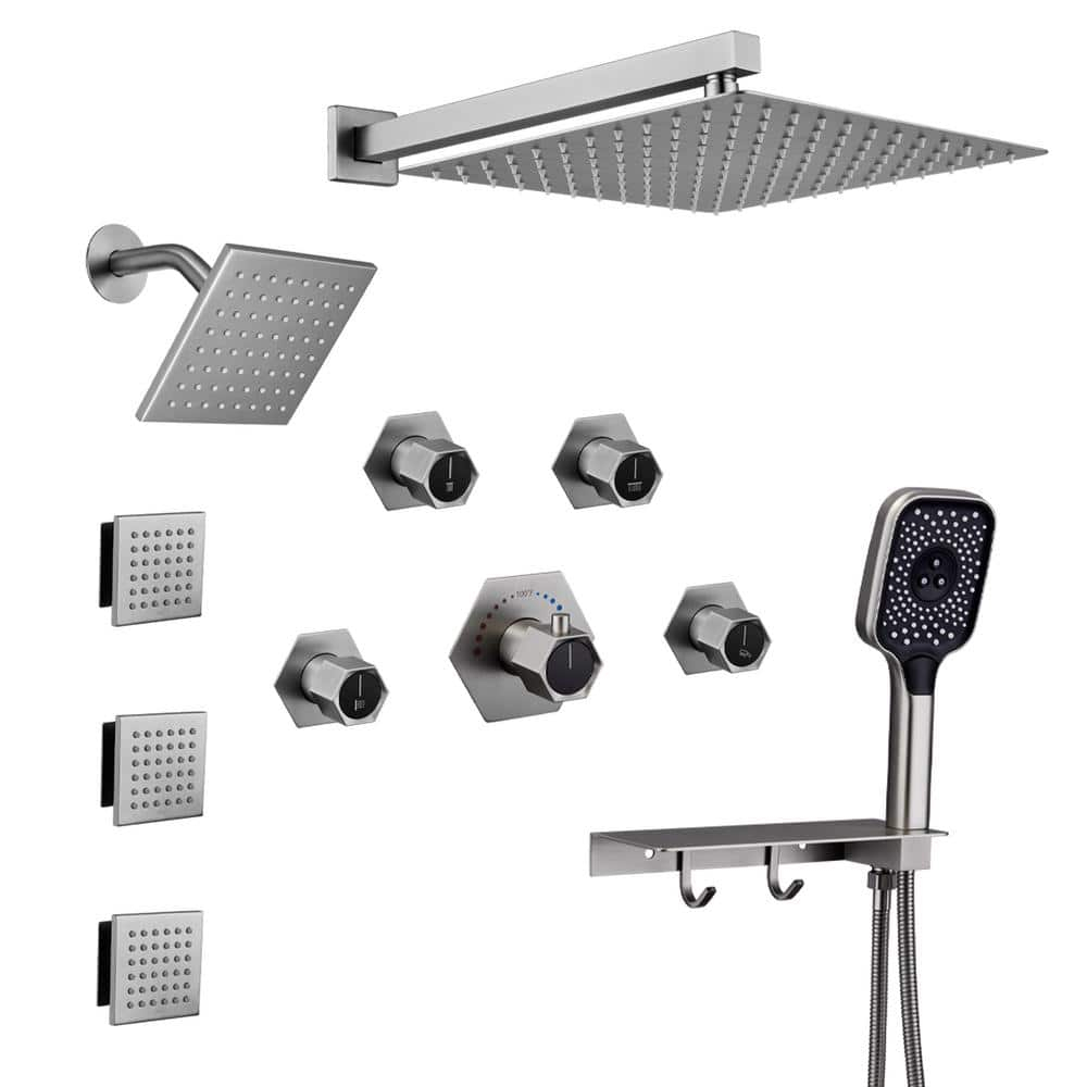 Brushed Nickel Large Dual Shower Head System with Handheld and Body Jets