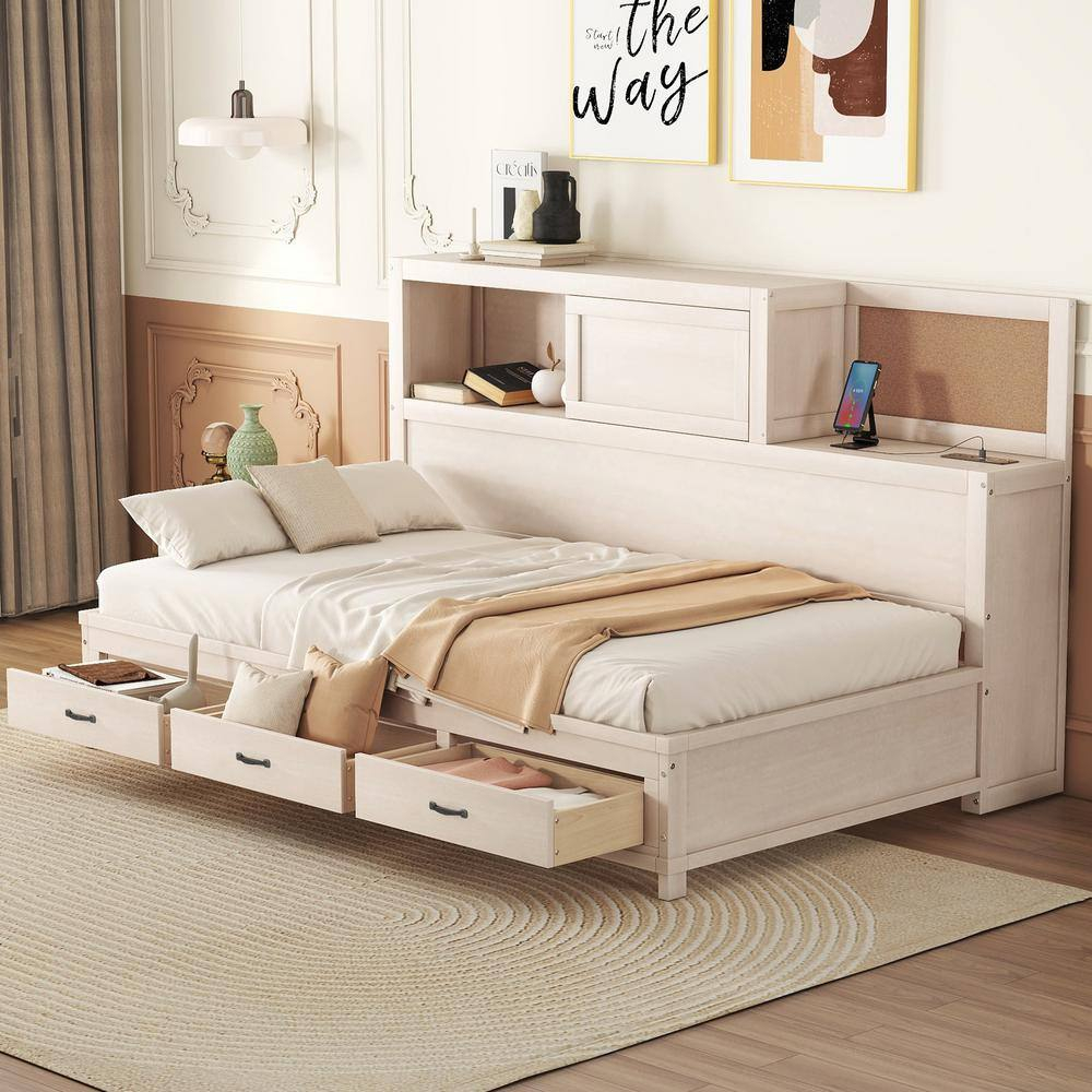 Giantex Twin Daybed with 3 Storage Drawers, Wood Day Bed with Storage Shelves, Cork Board & Sliding Door, Daybed Frame for Kids Adults Guests, No Box Spring Needed, Daybed with Storage, White