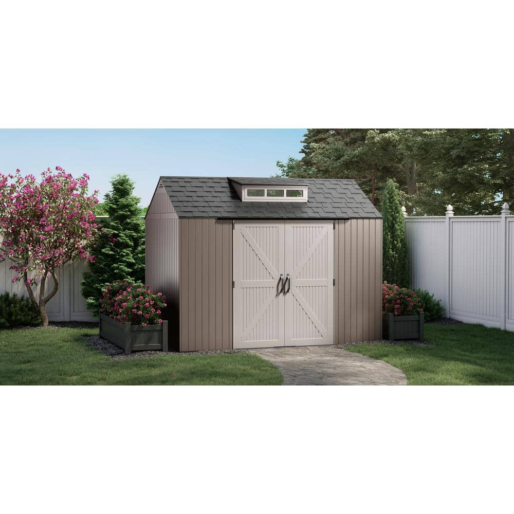 Rubbermaid Extra Large Resin Outdoor Storage Shed With Floor (7 x 10.5 Ft.) Weather Resistant Brown Organization for Home/Lawn Mower/Backyard Equipment/Bike Storage/Pool Supplies