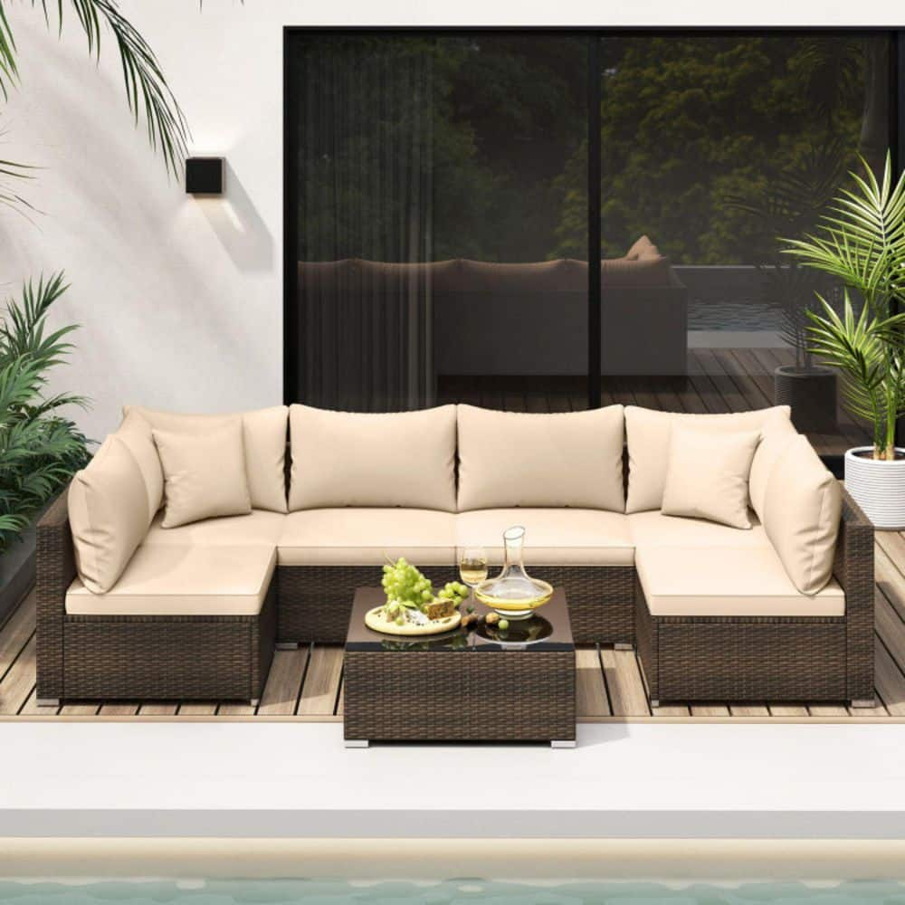 Topcobe 7 Pieces Patio Rattan Furniture Set with Sectional Sofa Cushions, Outdoor Patio Furniture-Beige
