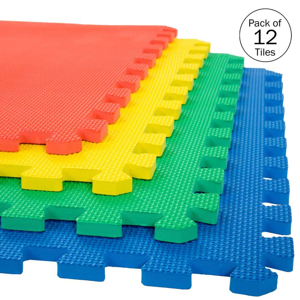 EVA Foam Mat Tiles 12-Pack - 48 SQ FT Interlocking Padding for Playroom or Gym Flooring - Workout Mat or Baby Playmat by Stalwart (Multicolor)