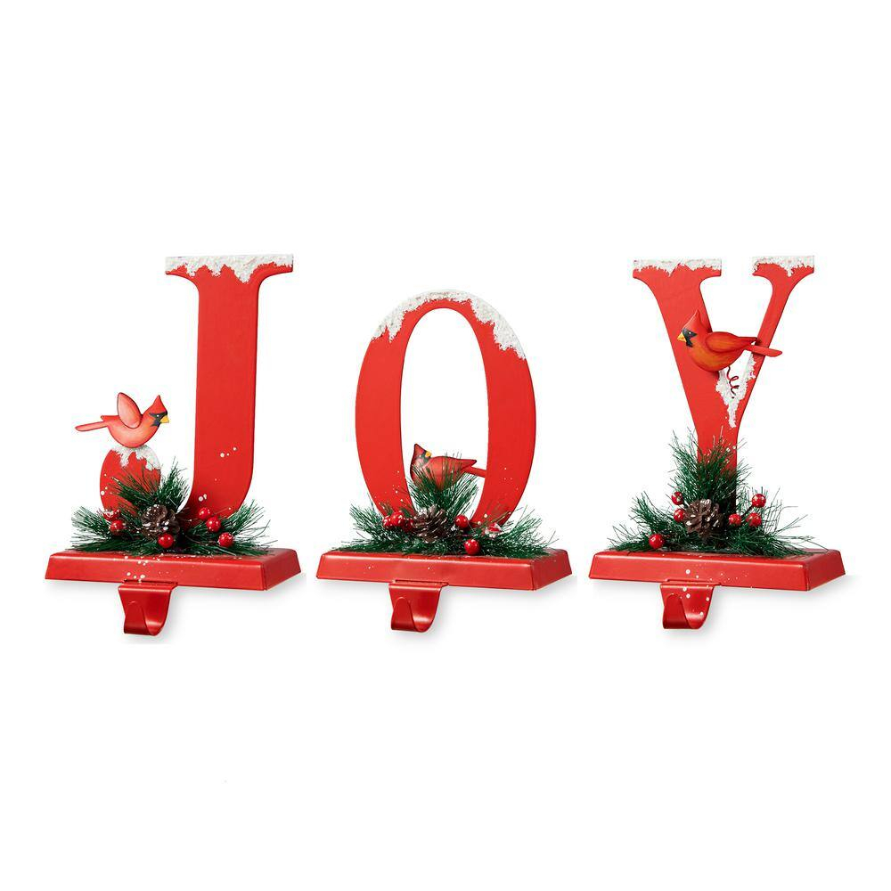 Red Metal JOY Christmas Stocking Holders with Cardinals