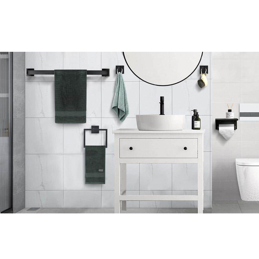 TNOMS 6-Piece Black Bathroom Hardware Set 23.6 Inch Towel Bar Set Double Towel Bar Towel Ring Coat Hook and Toilet Paper Holder with Shelf Wall Mounted Stainless Steel Bathroom Accessories Set