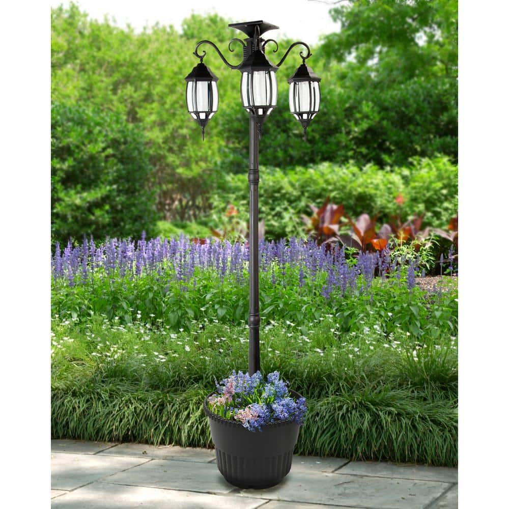 Madison 3-Light Black Integrated LED Solar Lamp Post and Planter