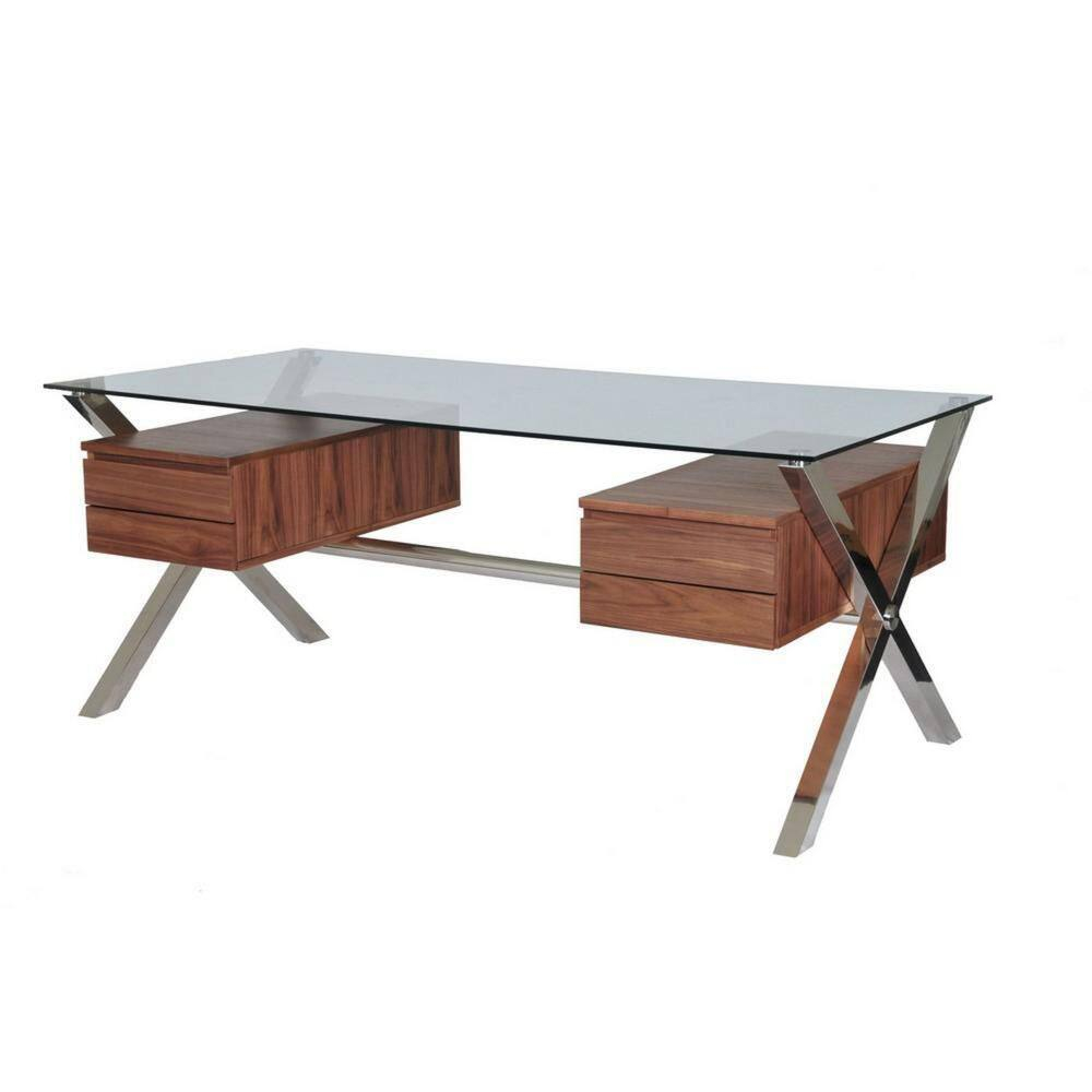 Benjara Tia 71 Inch Large Office Desk, Glass Tempered Top, 4 Drawers, Light Brown