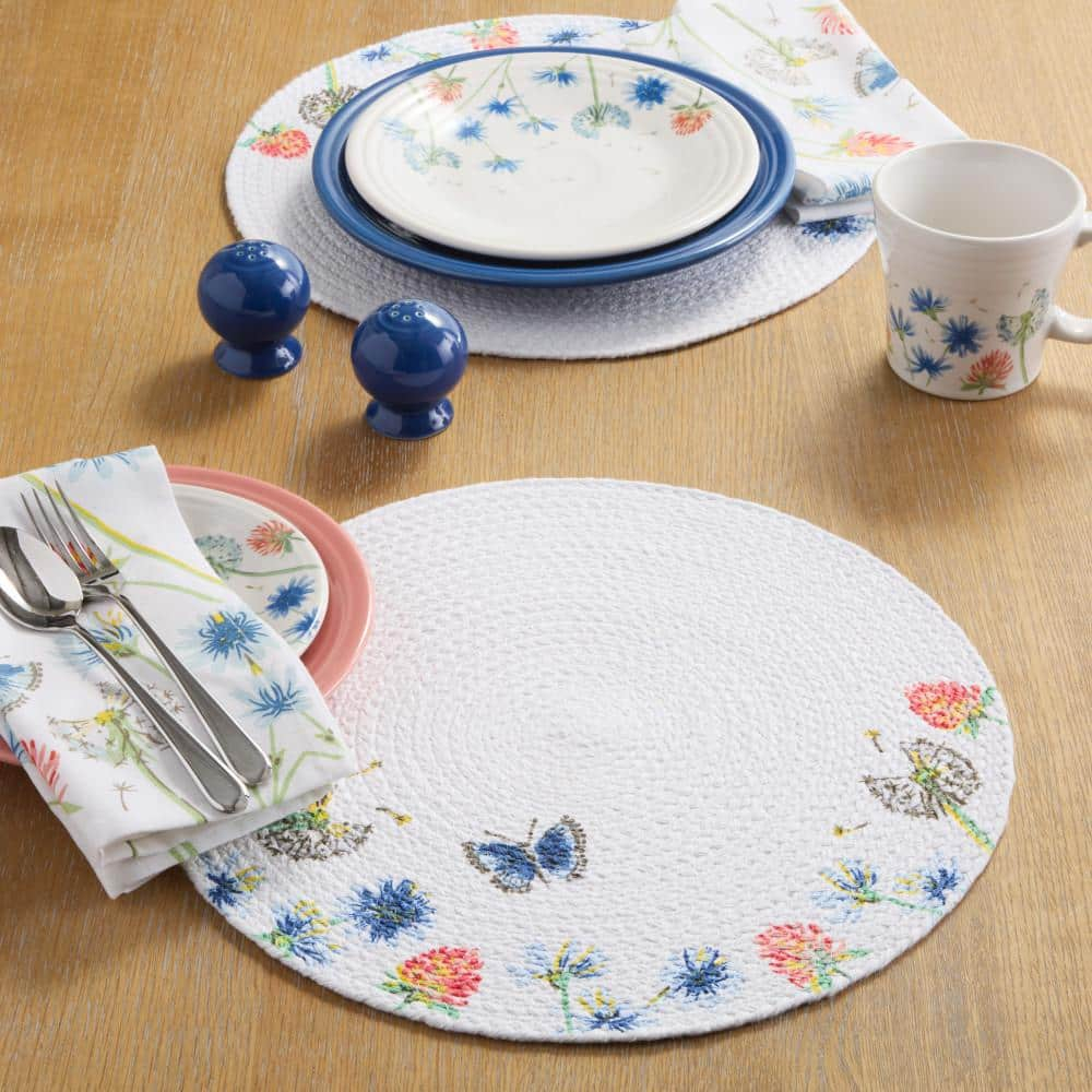Handwoven Cotton Floral Round Placemats Set in White, Blue, and Pink