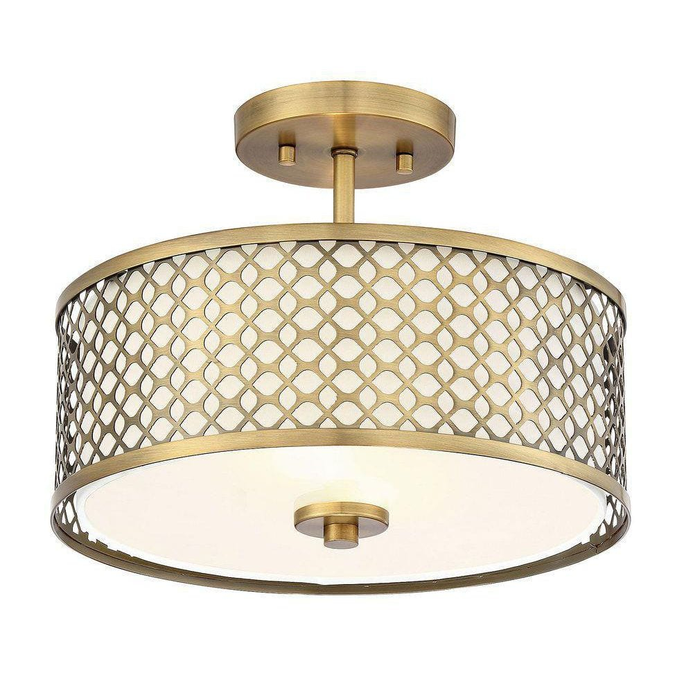 Meridian Elegance 2-Light Natural Brass Ceiling Light with Cream Fabric Shade