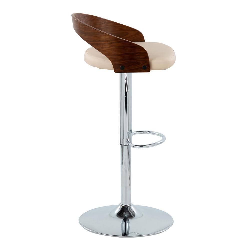 Grotto Mid-Century Modern Adjustable Height Barstool with Swivel in Chrome Metal, Walnut Wood and Cream Faux Leather with Oval Footrest by LumiSource - Set of 2
