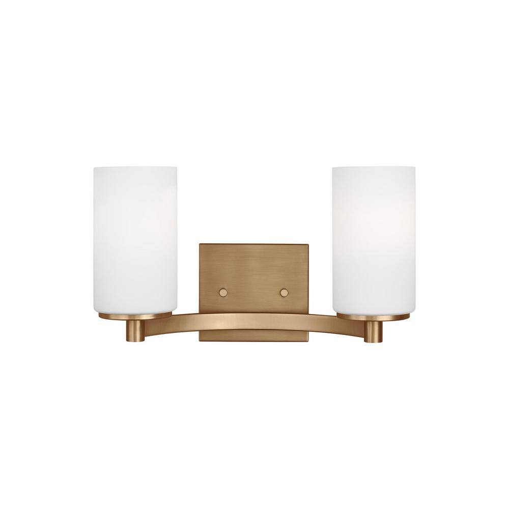 Generation Lighting 2-Light Hettinger Bath Fixture Wall Lamp Satin Brass 4439102-848, Title 24 Compliant Wall Light Fixture for Bathroom Decor, Bathroom Light Fixture Uses Standard or LED Light Bulb