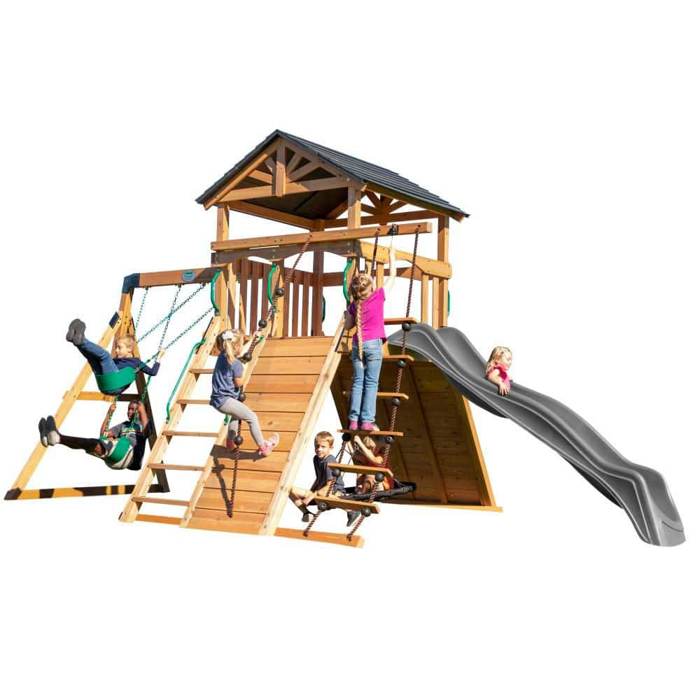 Backyard Discovery Endeavor Cedar Wood Swing Set, Slide, Play Deck, Rock Wall, Rope Ladder