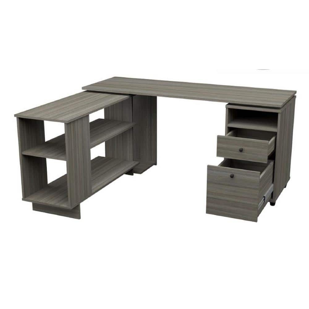 Inval L-Shaped Reversible Computer Desk, Smoke Oak