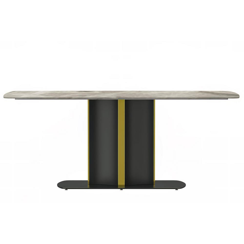 LeisureMod Sylva Mid-Century Modern 55" Rectangular Dining Table with Sintered Stone Table Top and Gold Steel Pedestal Base for Kitchen and Dining Room, Deep Grey