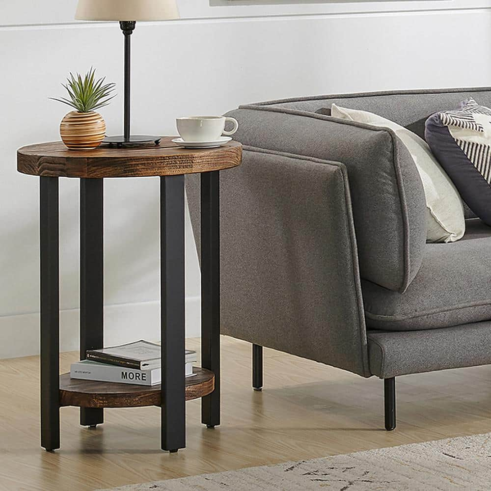 17 Stories Alaterre Pomona Round End Table With Solid Wood Top, Metal Legs, And Dual Shelves For Rustic Living Room Furniture