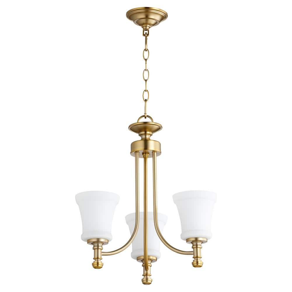 Quorum Lighting Rossington 3-Light Chandelier, Aged Brass, 18 Width, 19 Height, Chain Hanging, Dry Rated