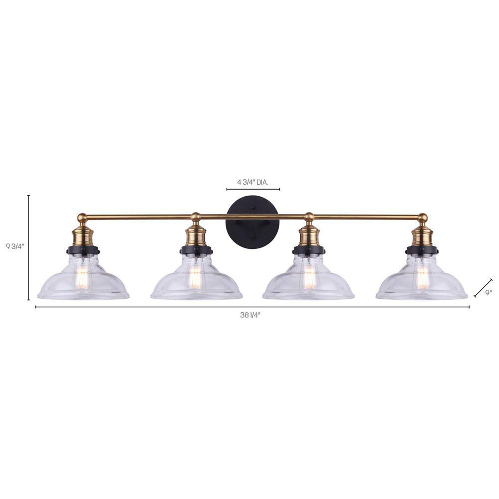 LORA Modern Farmhouse Vanity Light – 4-Light Industrial Bathroom Fixture, Matte Black & Gold Finish, Clear Glass Shades, 100W Type A, 38.5" Wide Over Mirror Wall Sconce